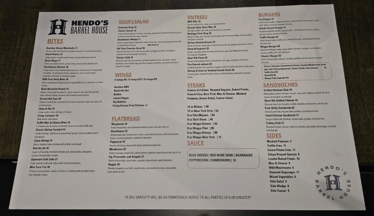 Hendo's Barrel House menu board