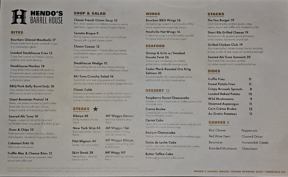 Hendo's Barrel House menu board