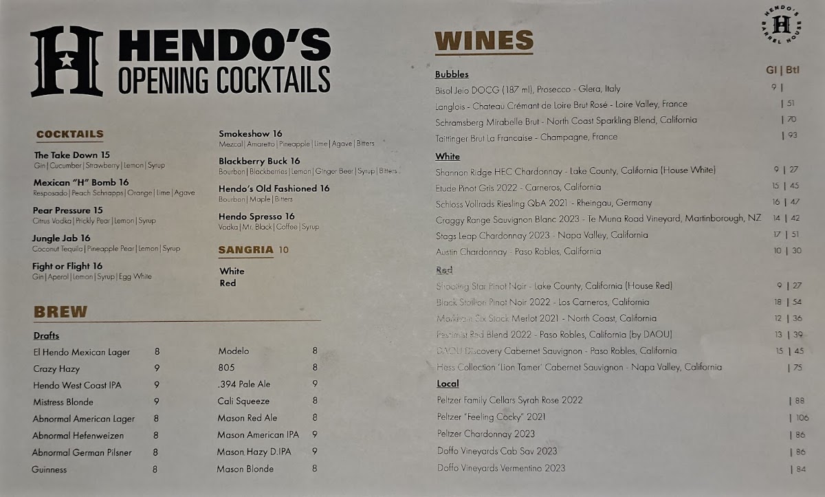 Hendo's Barrel House menu board
