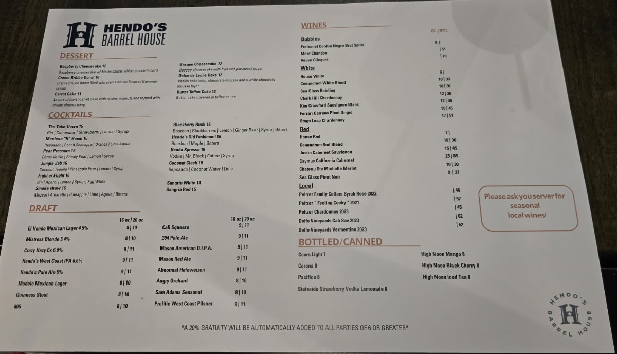 Hendo's Barrel House menu board
