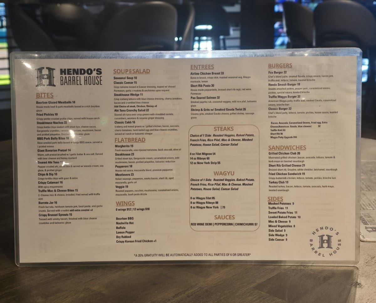 Hendo's Barrel House menu board