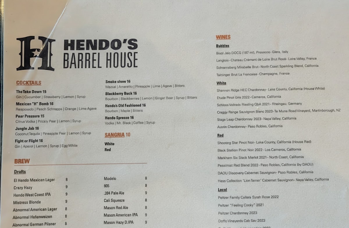 Hendo's Barrel House menu board