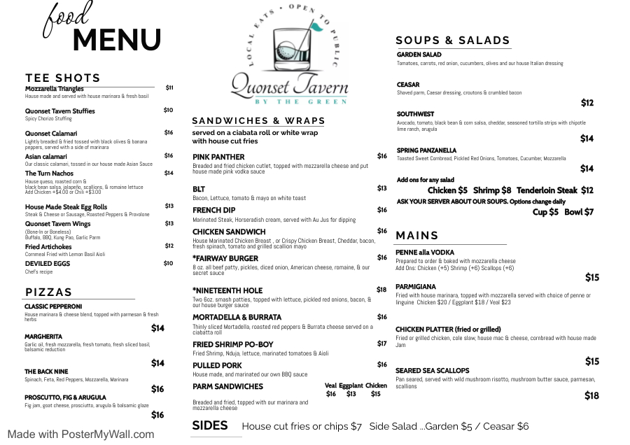 Quonset Tavern By The Green menu board