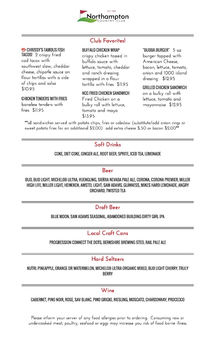 19th Hole at Northampton Country Club menu board