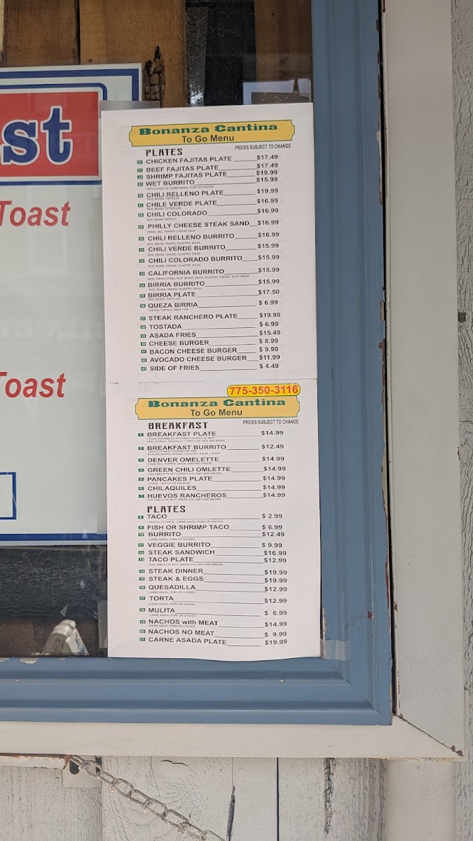 The Bonanza Saloon & Cafe menu board