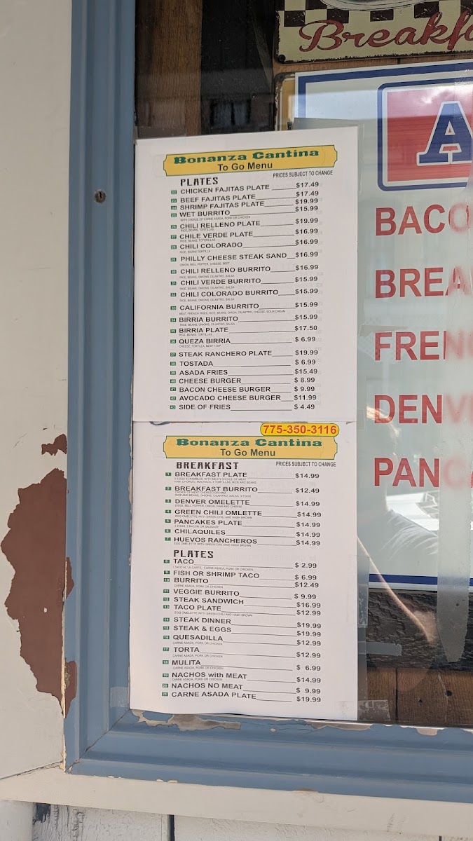 The Bonanza Saloon & Cafe menu board