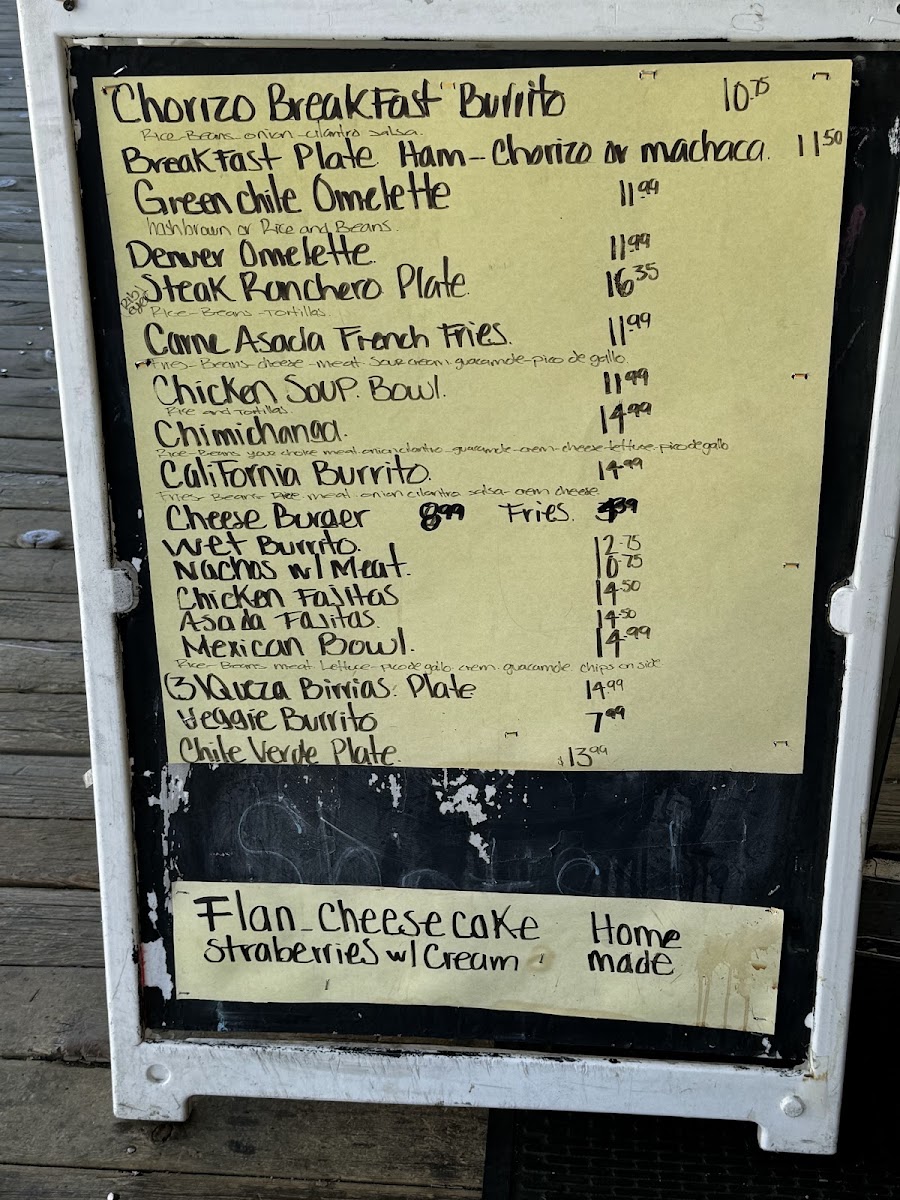 The Bonanza Saloon & Cafe menu board