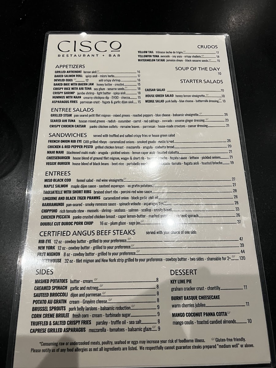 CISCo RESTAURANT + BAR menu board
