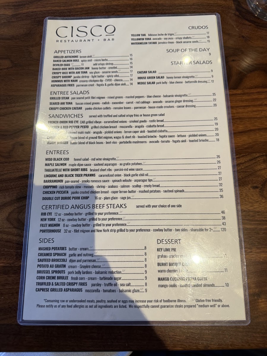 CISCo RESTAURANT + BAR menu board