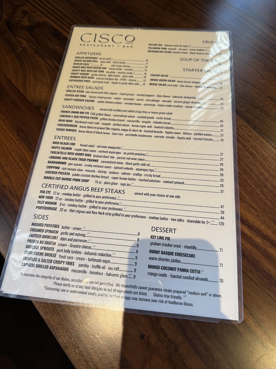 CISCo RESTAURANT + BAR menu board