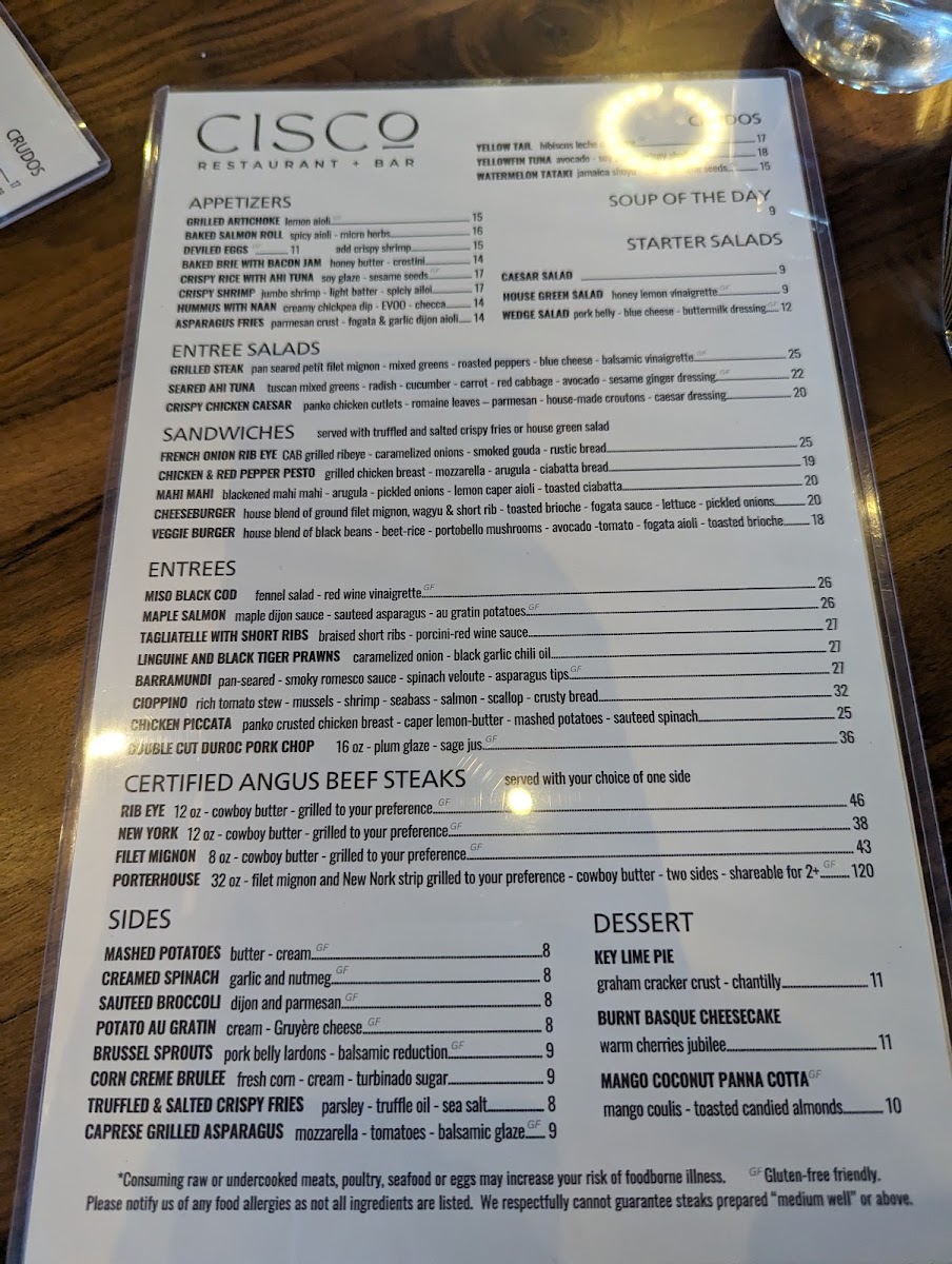 CISCo RESTAURANT + BAR menu board