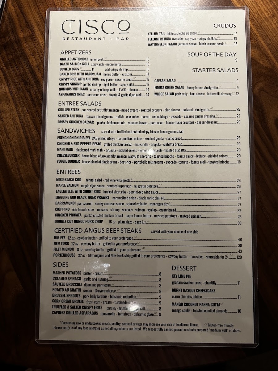 CISCo RESTAURANT + BAR menu board