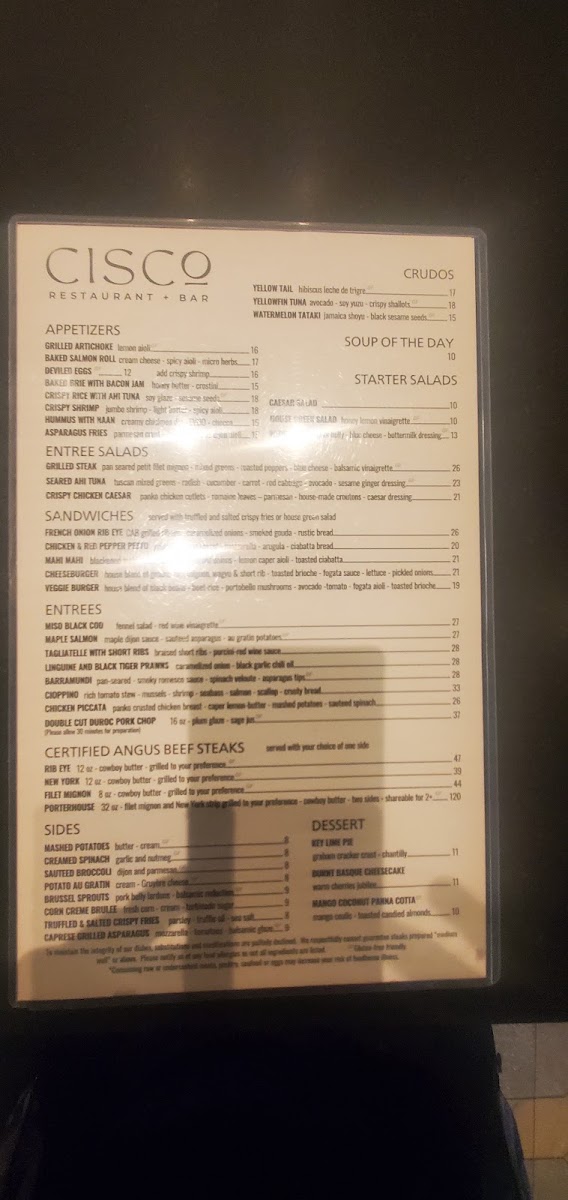 CISCo RESTAURANT + BAR menu board