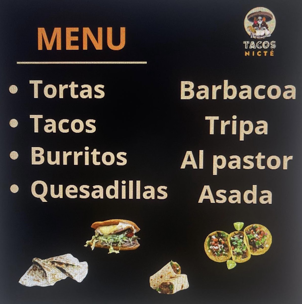Tacos Nicté menu board