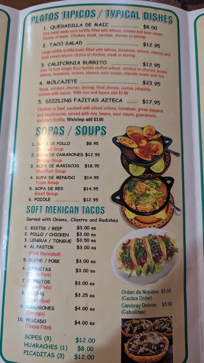 El Azteca Mexican Restaurant menu board