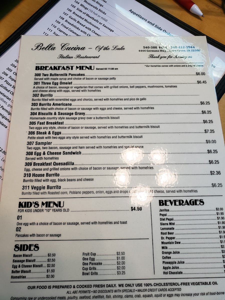 Bella Cucina of the Lake menu board
