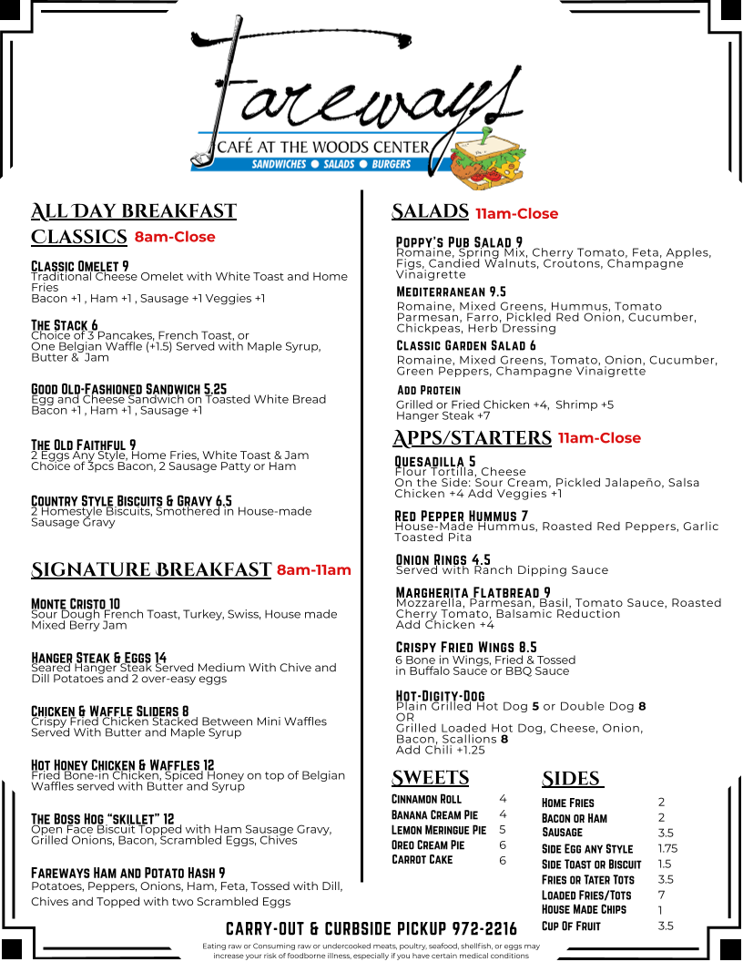 Lake of the Woods, Woods Center & Fareways menu board