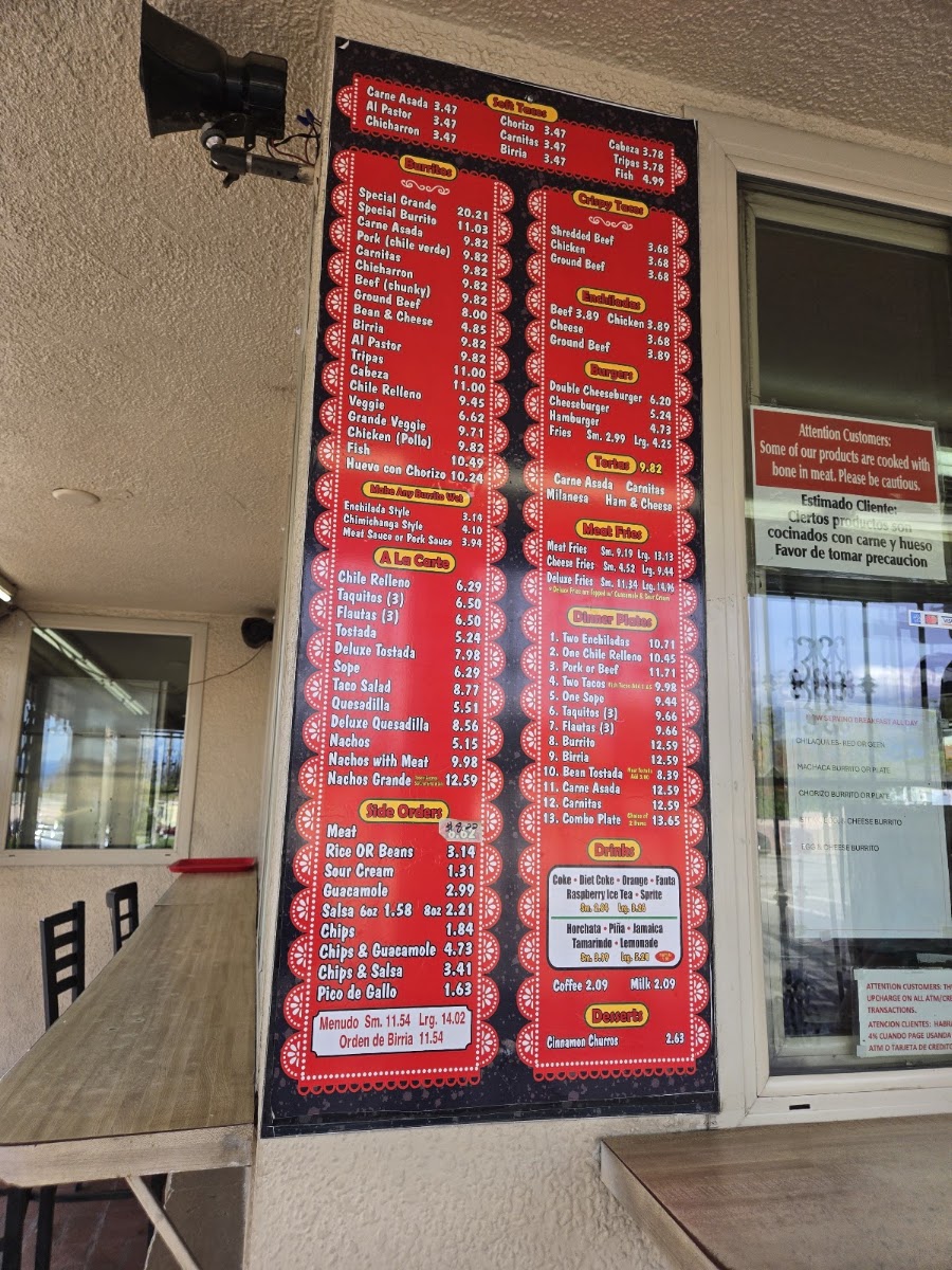 Amapola Rico Taco menu board