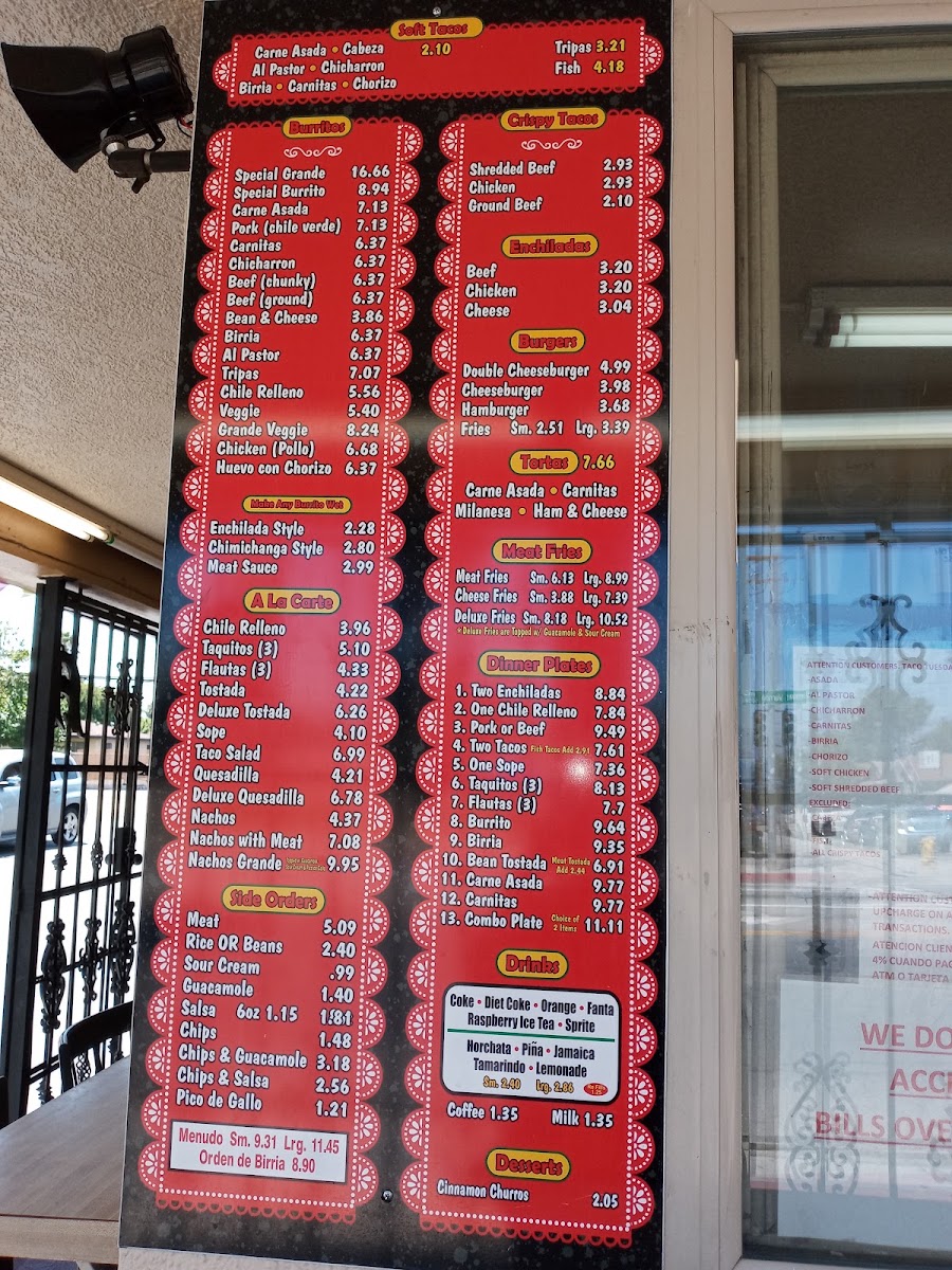 Amapola Rico Taco menu board