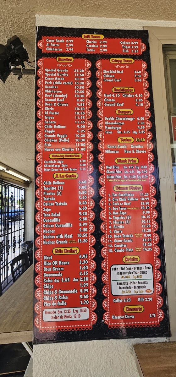 Amapola Rico Taco menu board