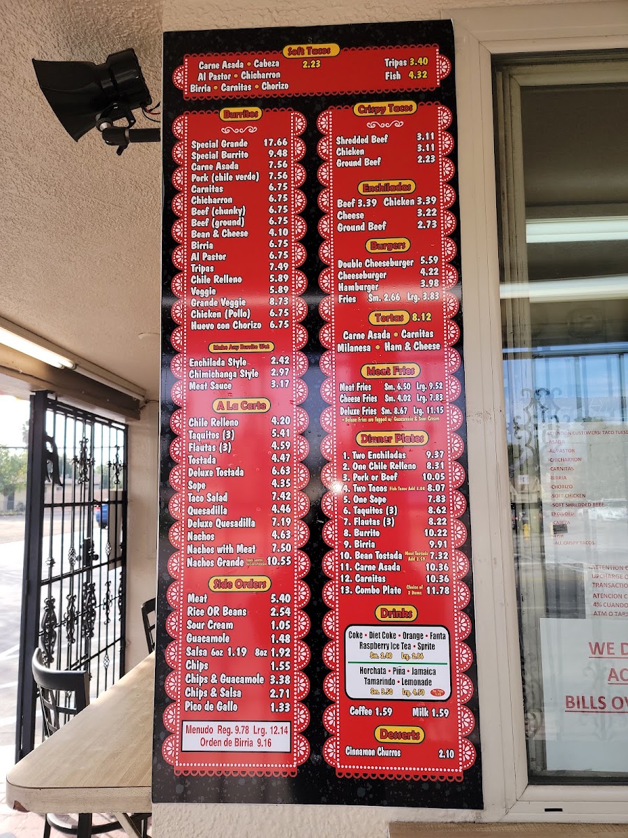 Amapola Rico Taco menu board