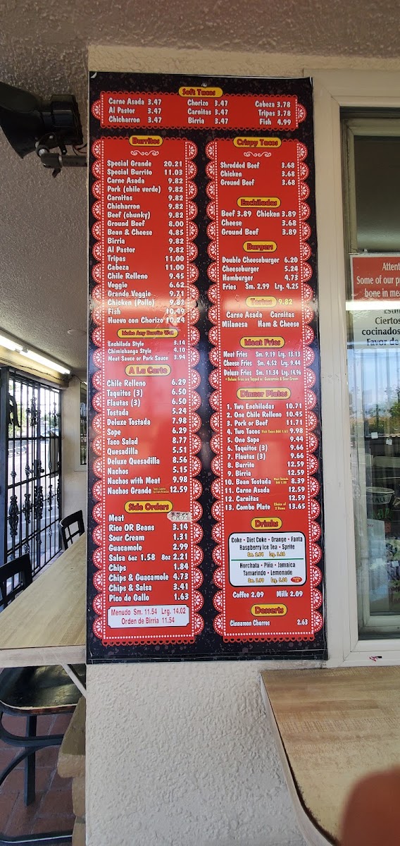 Amapola Rico Taco menu board
