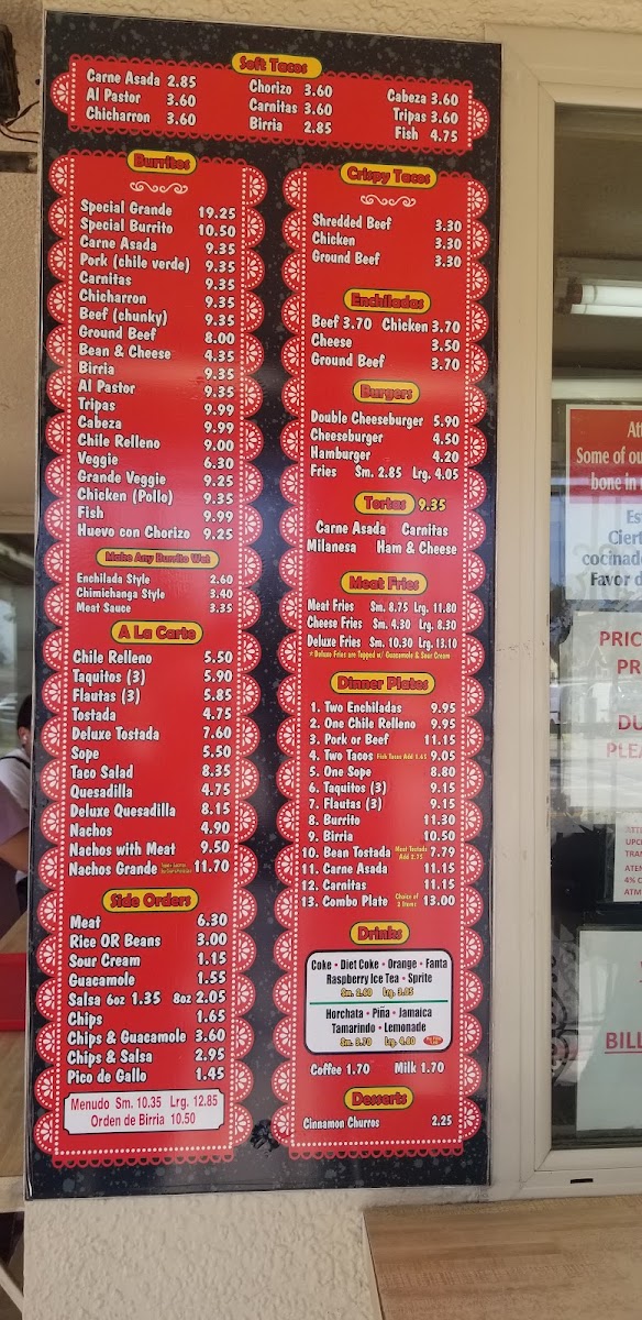 Amapola Rico Taco menu board