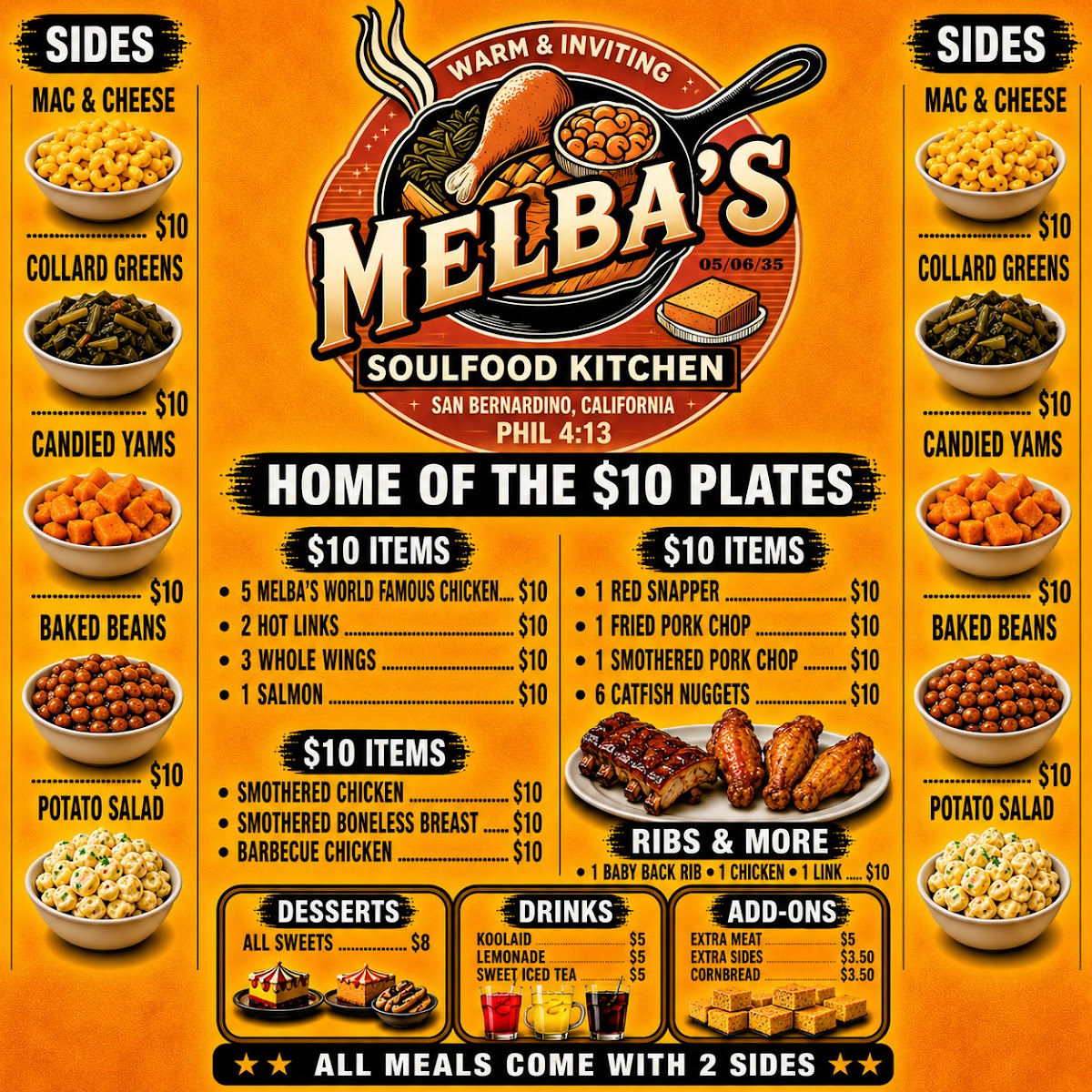 MELBA’S SOULFOOD KITCHEN menu board