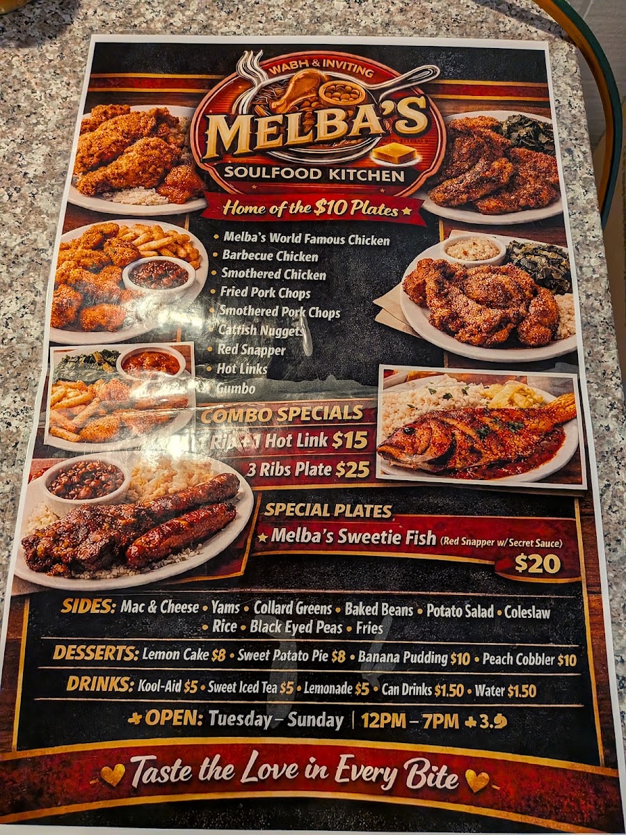 MELBA’S SOULFOOD KITCHEN menu board