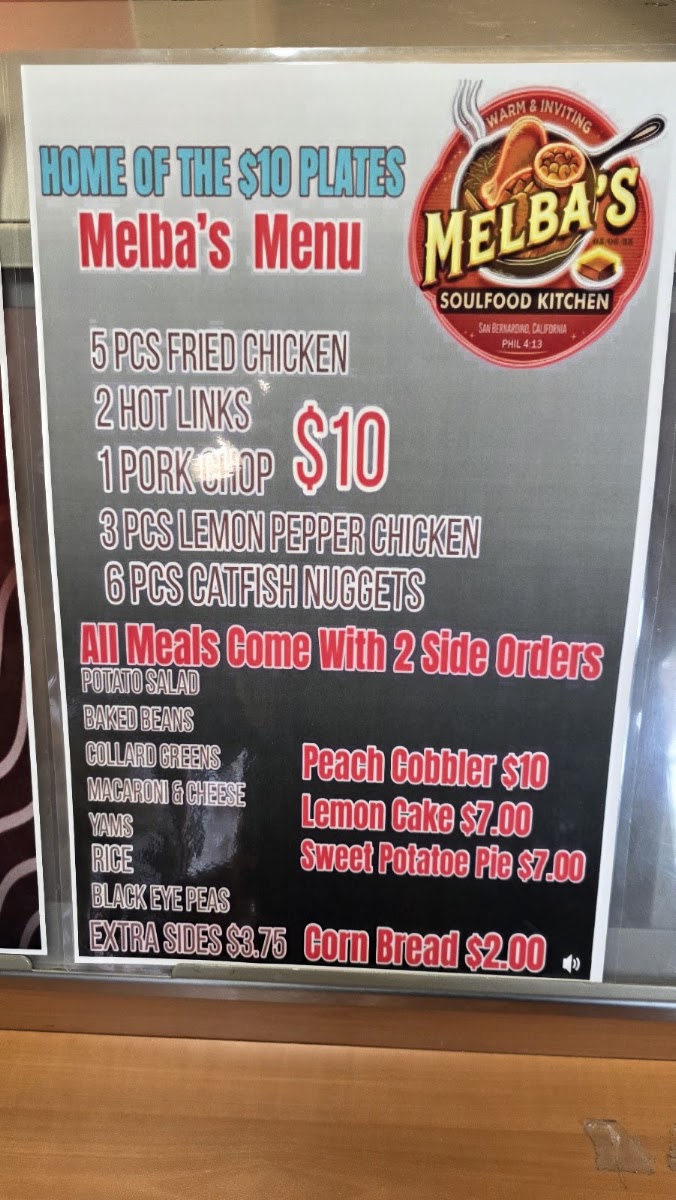 MELBA’S SOULFOOD KITCHEN menu board