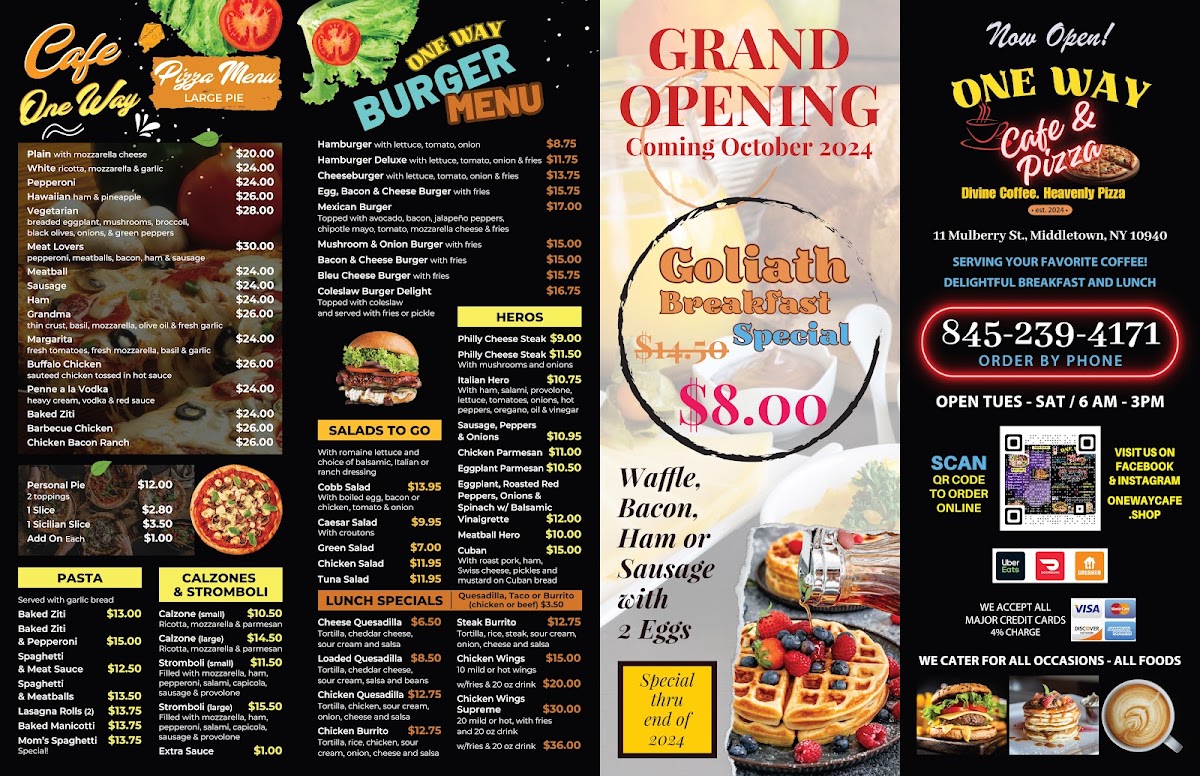 ONEWAY Cafe and Pizza menu board