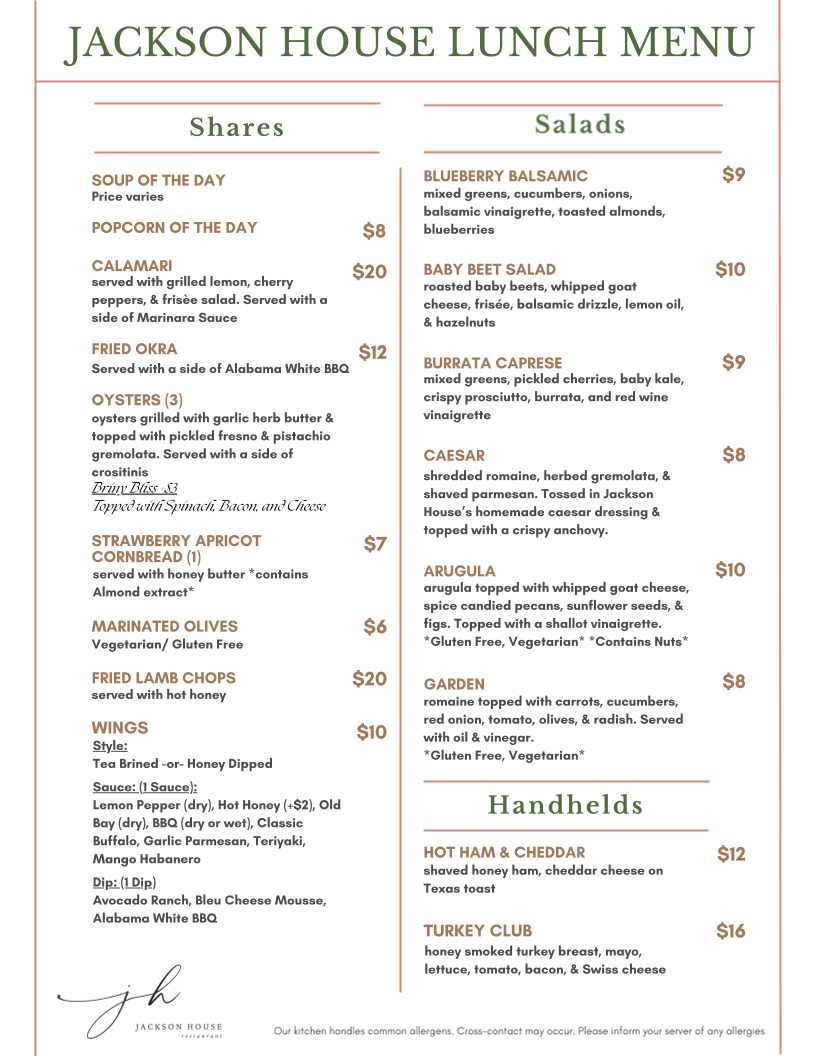Jackson House menu board