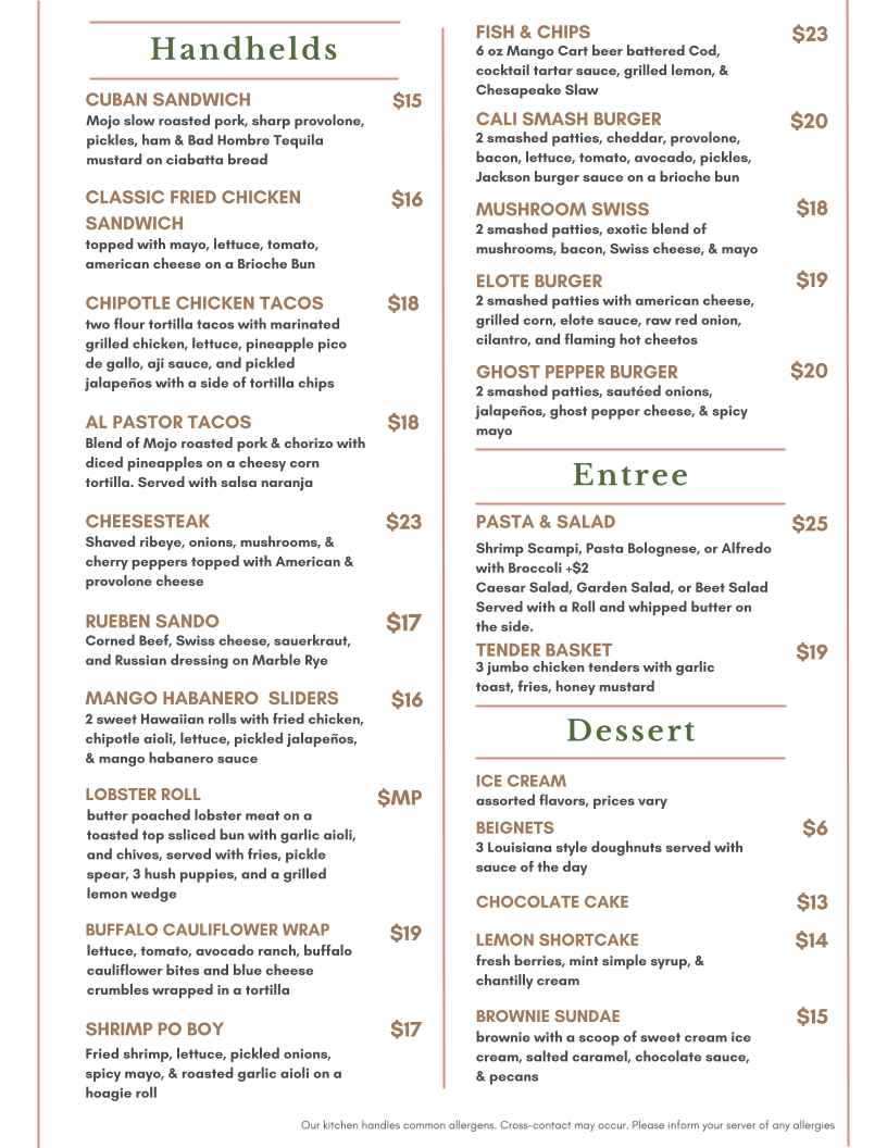 Jackson House menu board