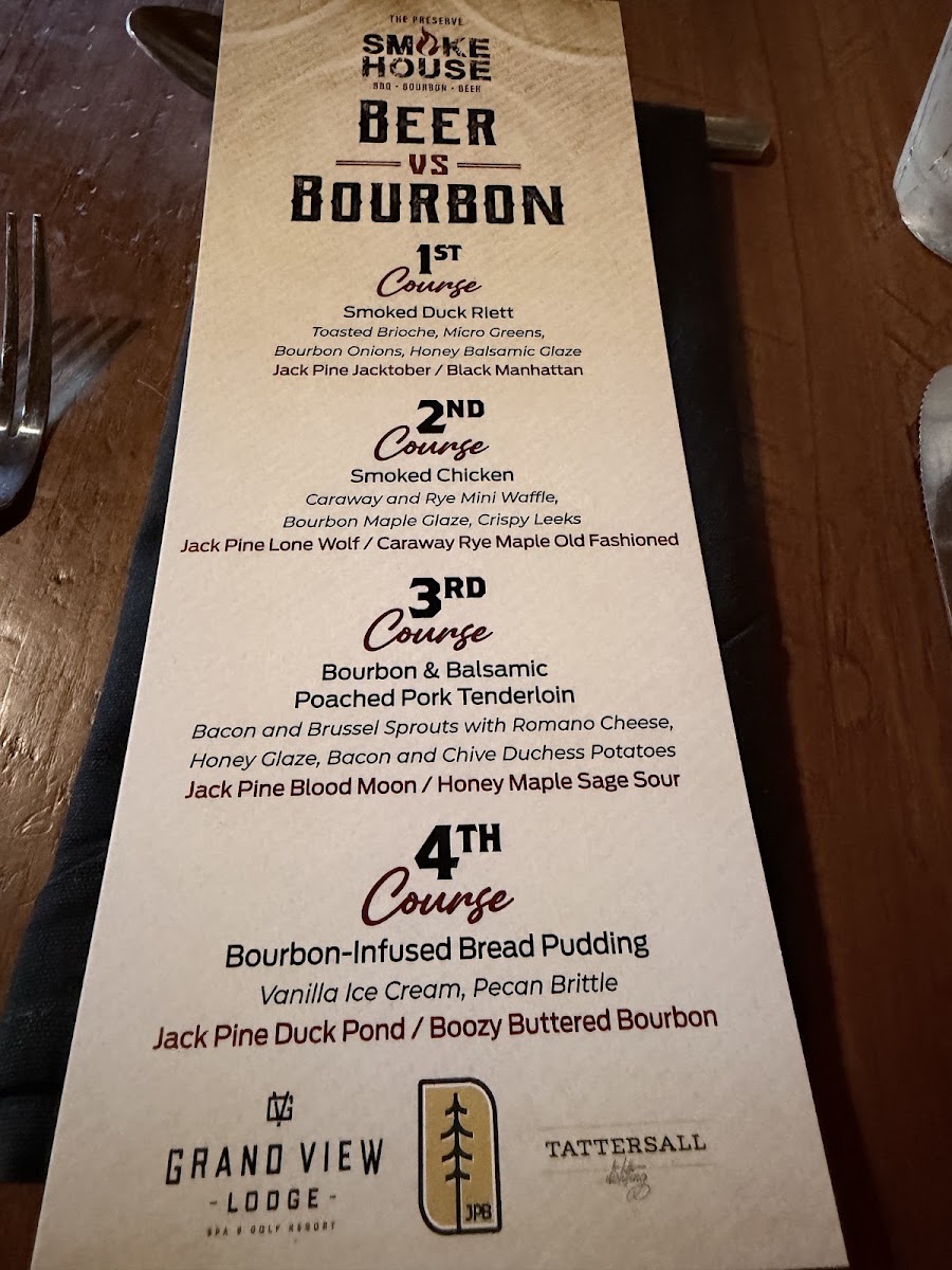 The Preserve Smokehouse at Grand View Lodge menu board