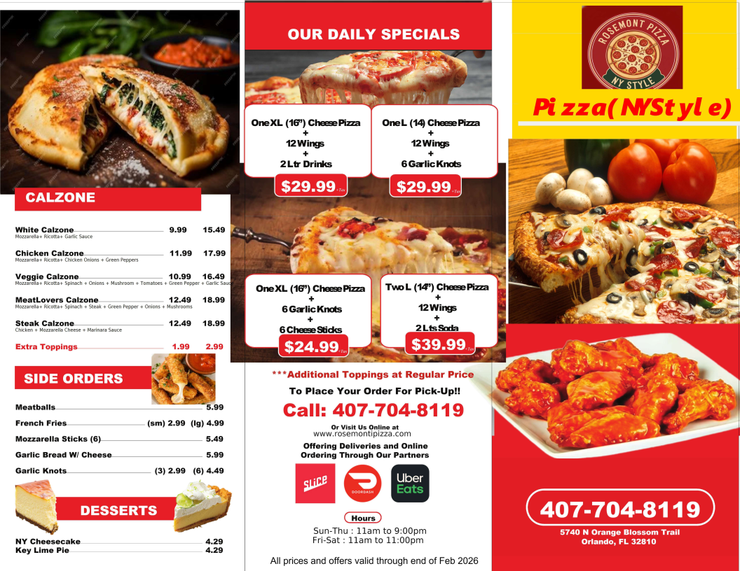 ROSEMONT PIZZA menu board