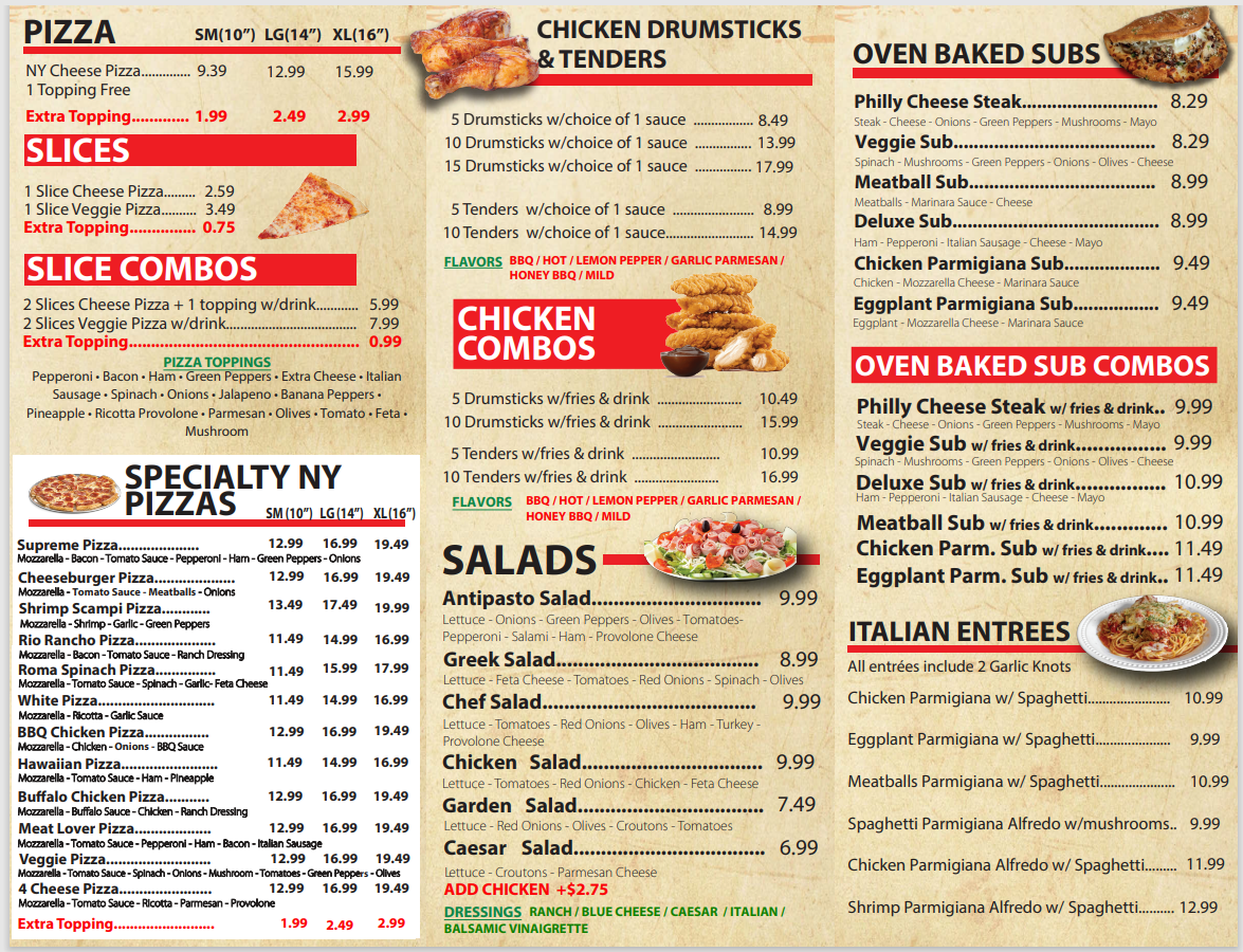 ROSEMONT PIZZA menu board