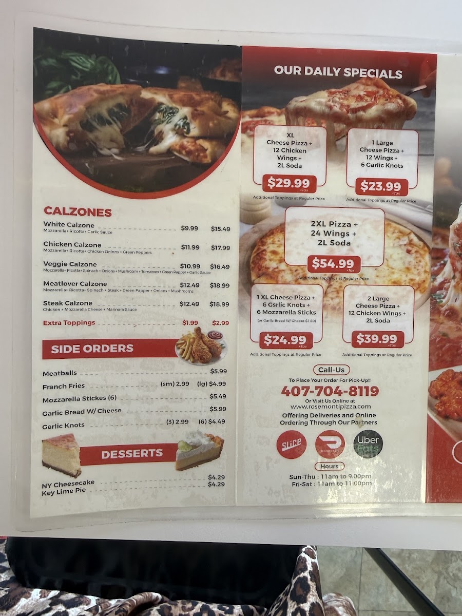 ROSEMONT PIZZA menu board