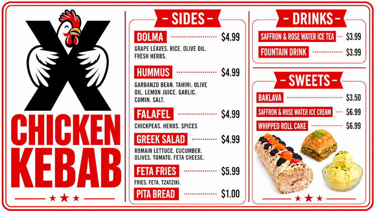 X CHICKEN KEBAB(BEST KEBAB IN THE WORLD) menu board