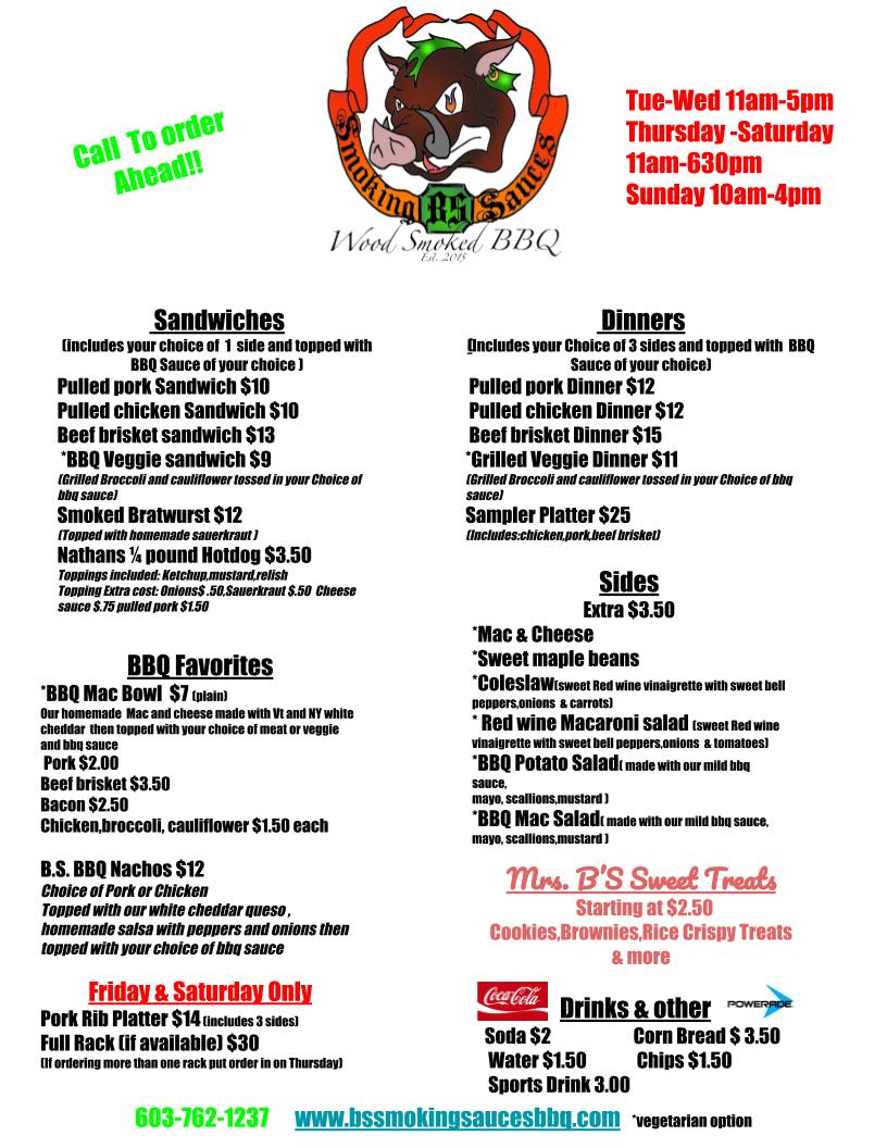 B.S. Smoking Sauces & BBQ menu board