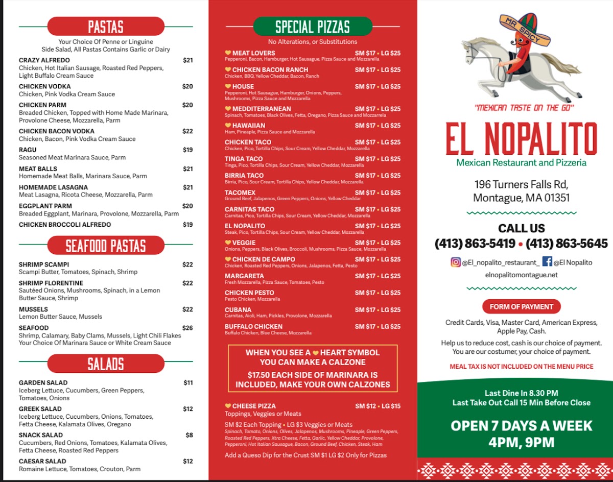 El Nopalito Mexican Restaurant and Pizzeria menu board