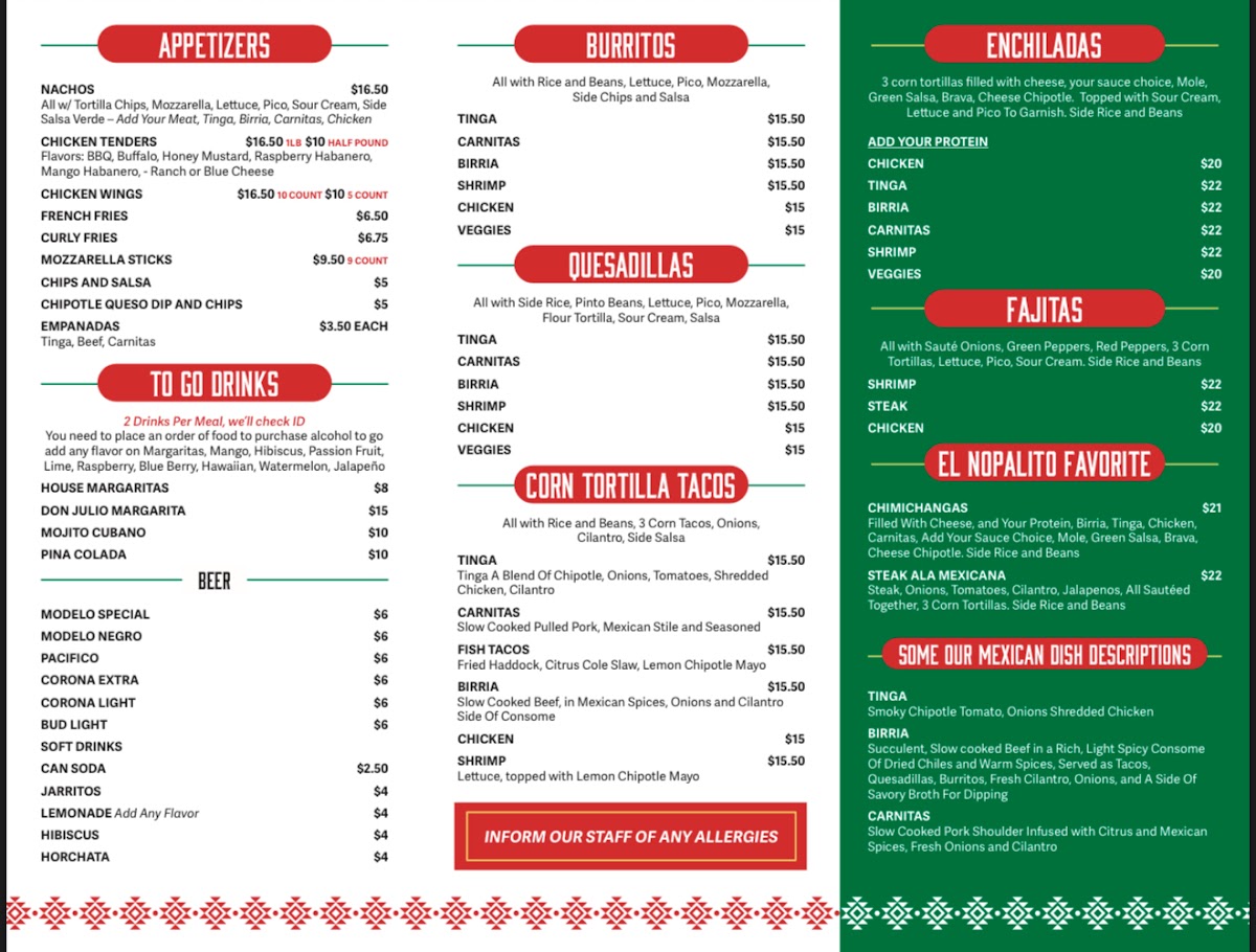 El Nopalito Mexican Restaurant and Pizzeria menu board