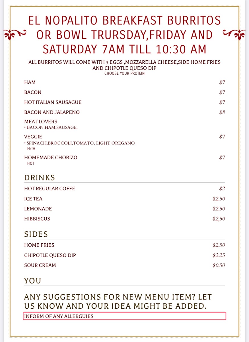 El Nopalito Mexican Restaurant and Pizzeria menu board