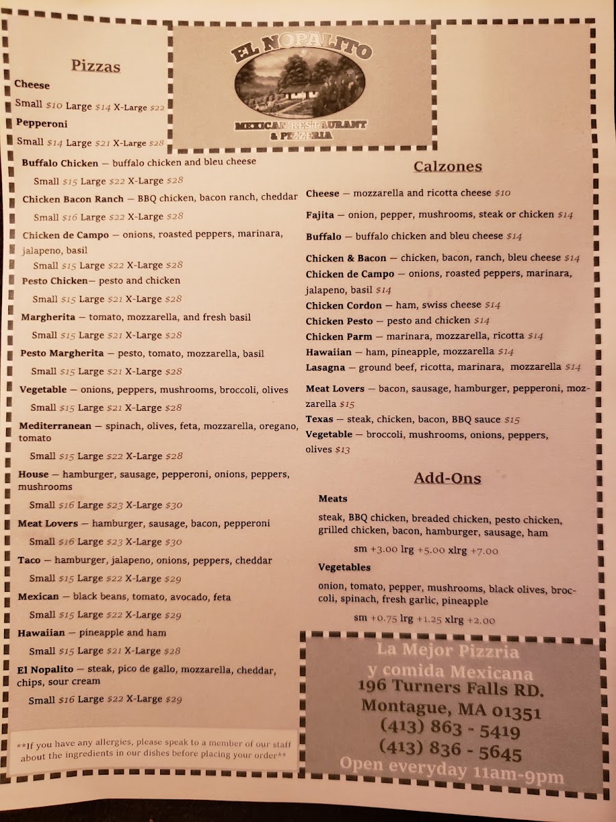El Nopalito Mexican Restaurant and Pizzeria menu board