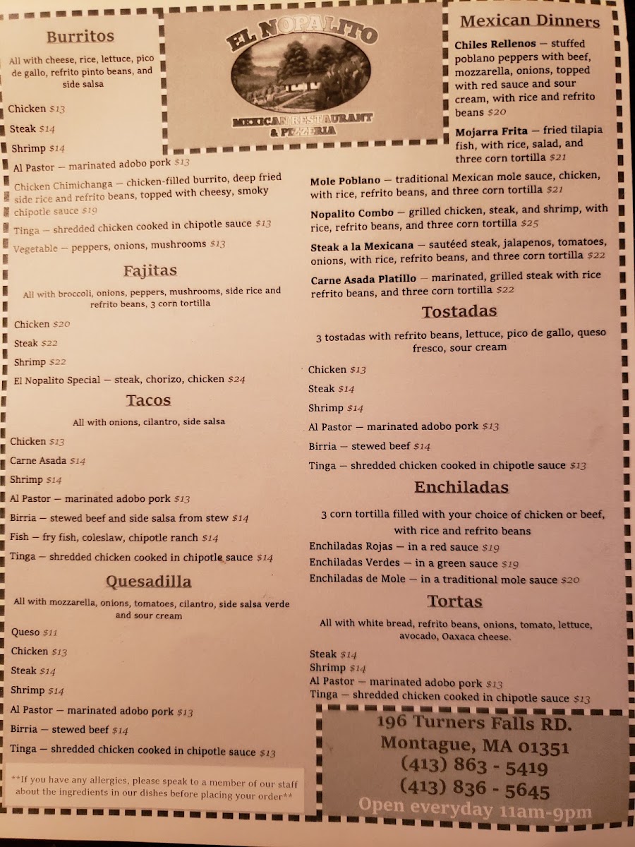 El Nopalito Mexican Restaurant and Pizzeria menu board