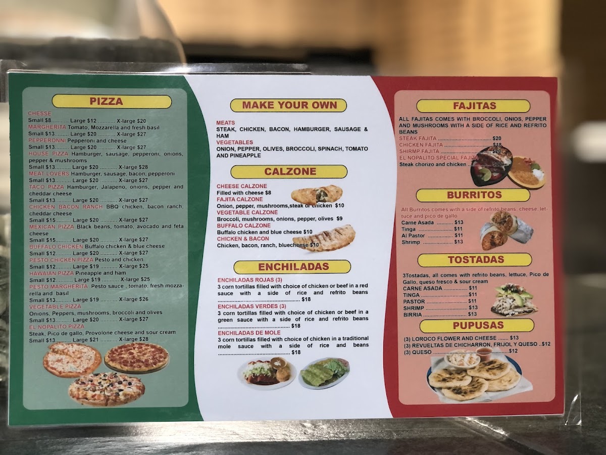 El Nopalito Mexican Restaurant and Pizzeria menu board