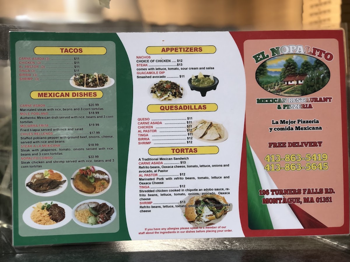 El Nopalito Mexican Restaurant and Pizzeria menu board