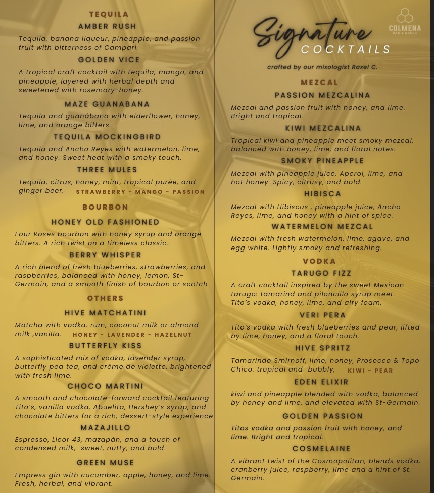 Colmena Bar & Grille menu board
