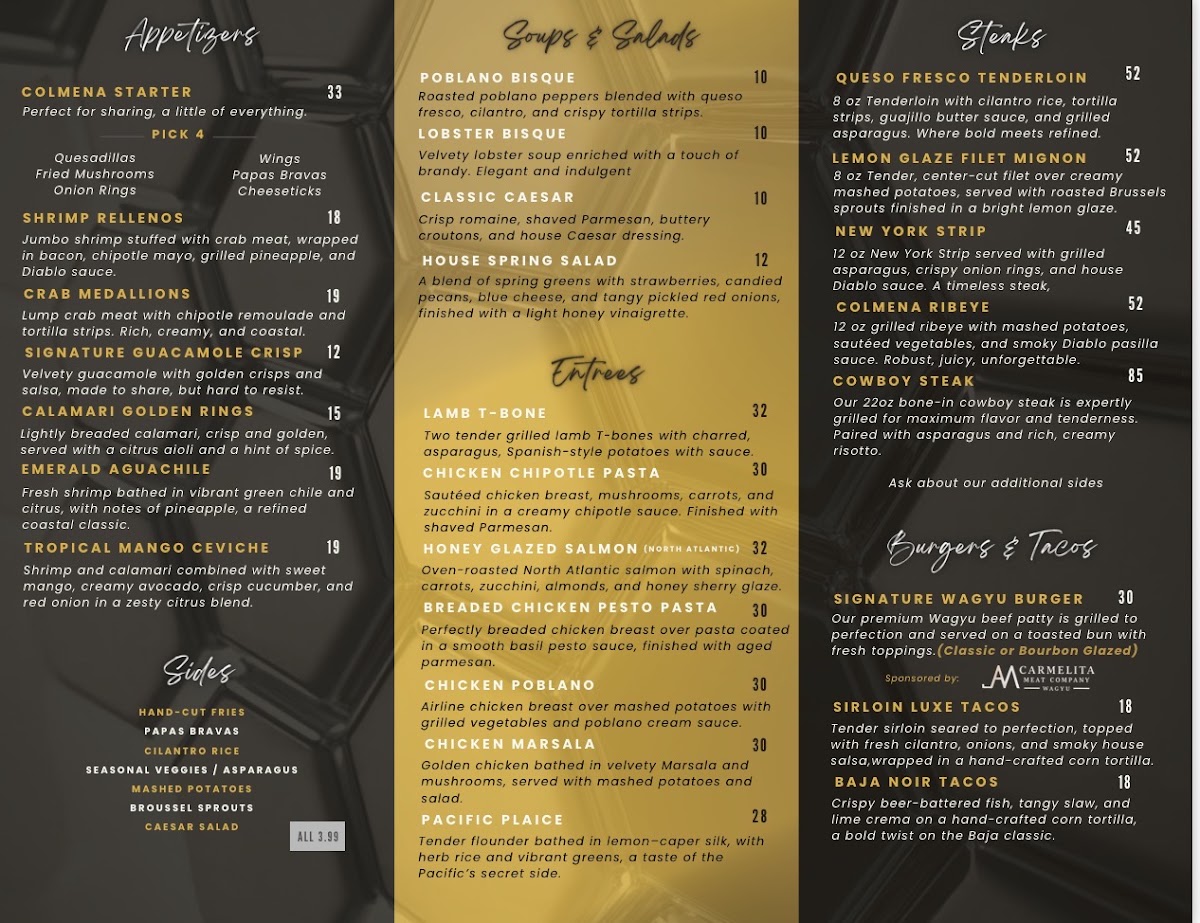Colmena Bar & Grille menu board