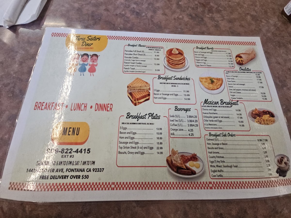 3 Sisters Restaurant menu board