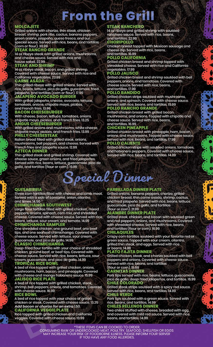 Rancho Grande Bar & Grill menu board